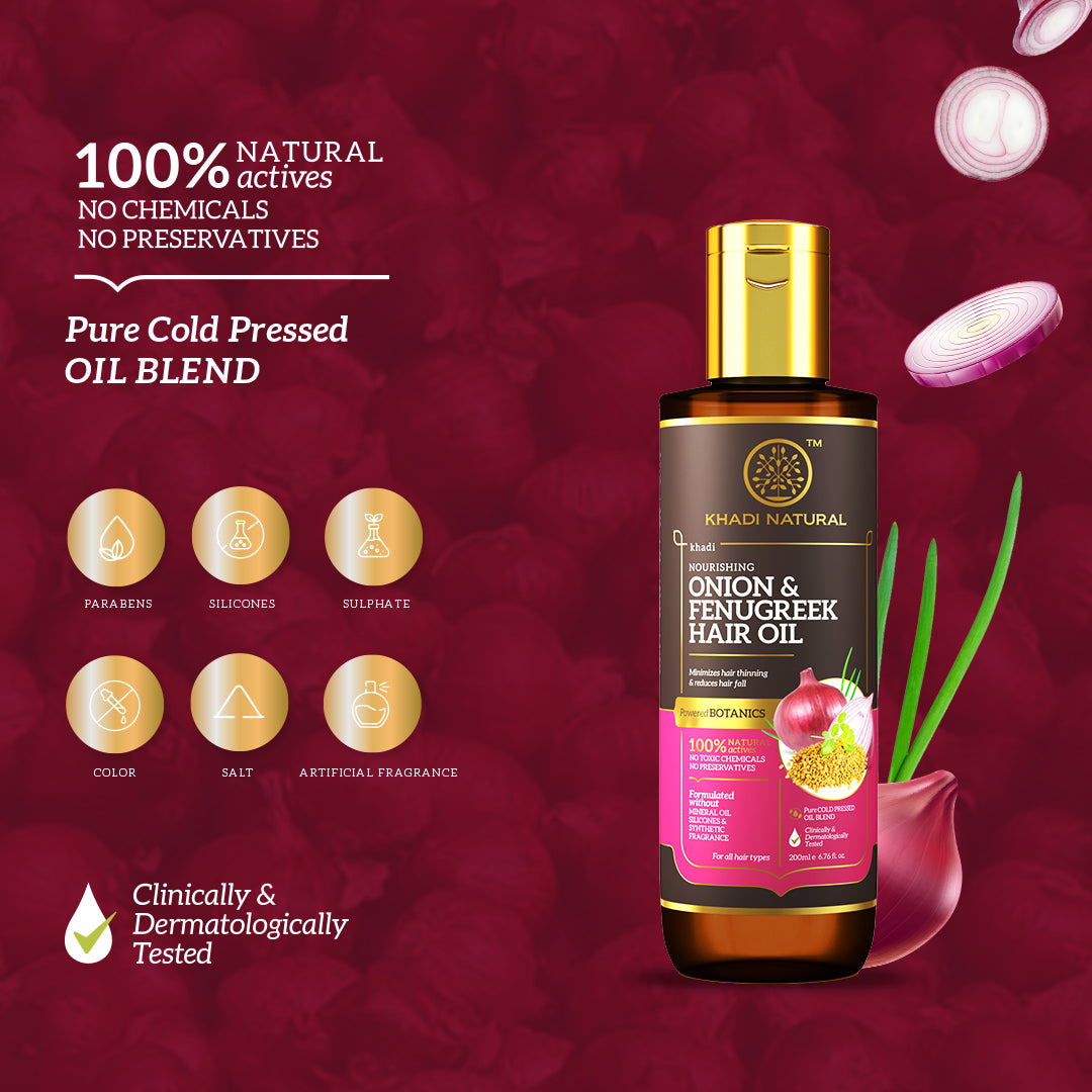 Khadi Natural Onion & Fenugreek Hair Oil - Mineral Oil, Silicones, Synthetic Fragrance Free-200 ml (BUY2GET2)