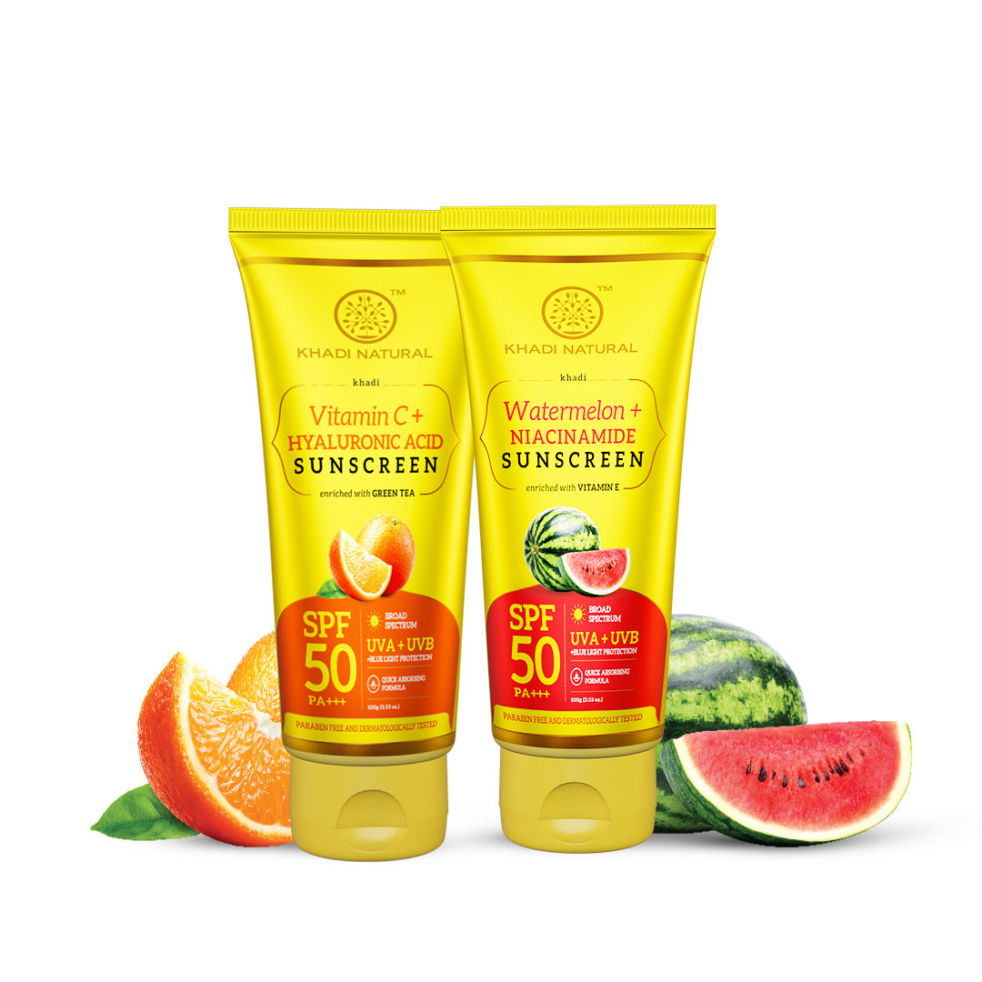 Khadi Natural Vitamin C + Hyaluronic Acid Sunscreen Aqua Gel SPF 50 PA+++ & Watermelon & Niacinamide Sunscreen Aqua Gel SPF 50 PA+++ Combo Pack