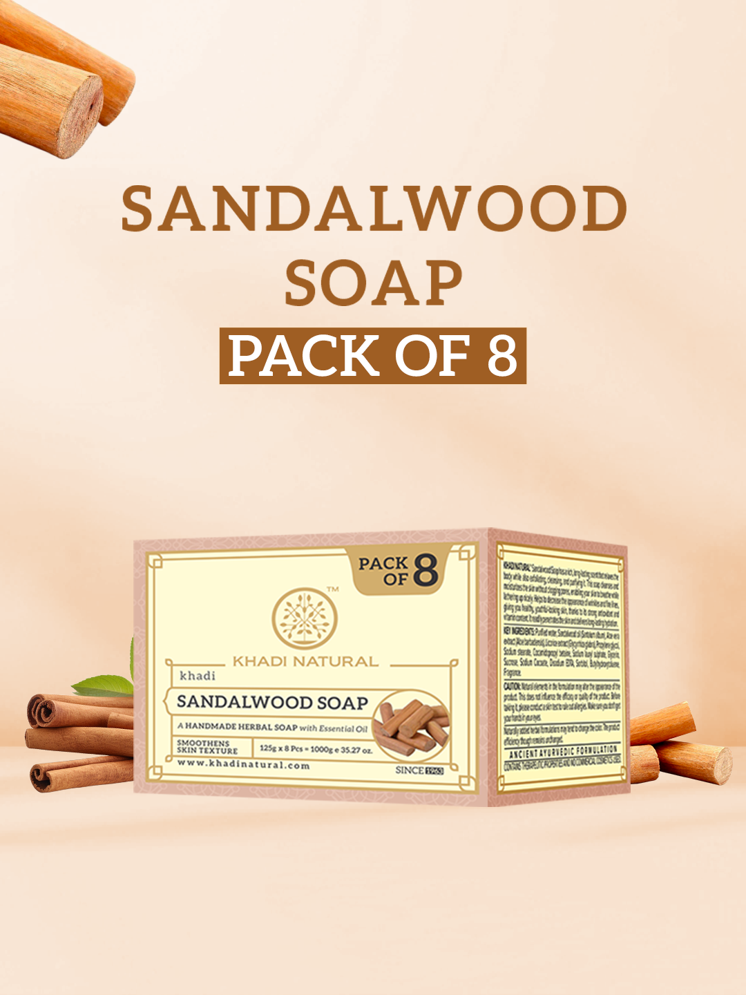 Khadi Natural Sandalwood Soap (Pack of 8) (8 x 125 gm)