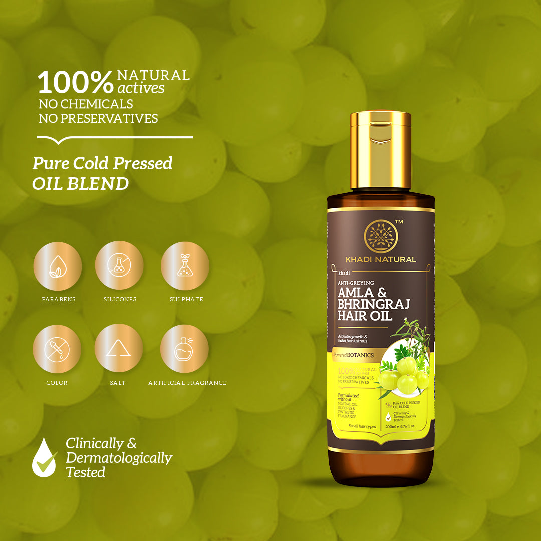 Khadi Natural Amla & Bhringraj Hair Oil - Mineral Oil, Silicones, Synthetic Fragrance Free-200 ml (Buy 3 Products & Get Rs.300 Off)