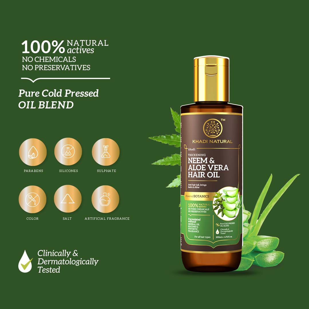 Khadi Natural Neem & Aloe Vera Hair Oil - Mineral Oil, Silicones, Synthetic Fragrance Free-200 ml