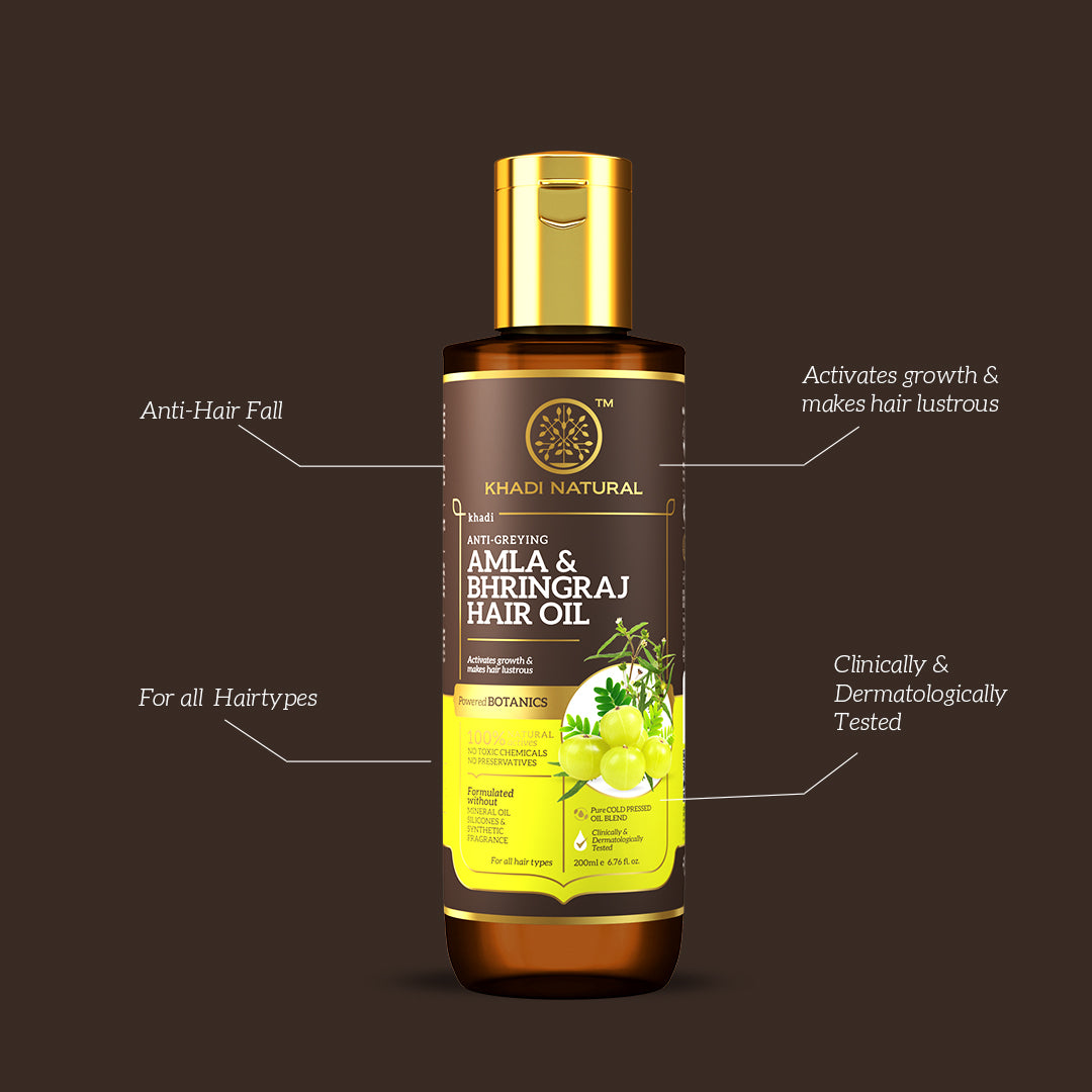 Khadi Natural Amla & Bhringraj Hair Oil - Mineral Oil, Silicones, Synthetic Fragrance Free-200 ml (Buy 3 Products & Get Rs.300 Off)